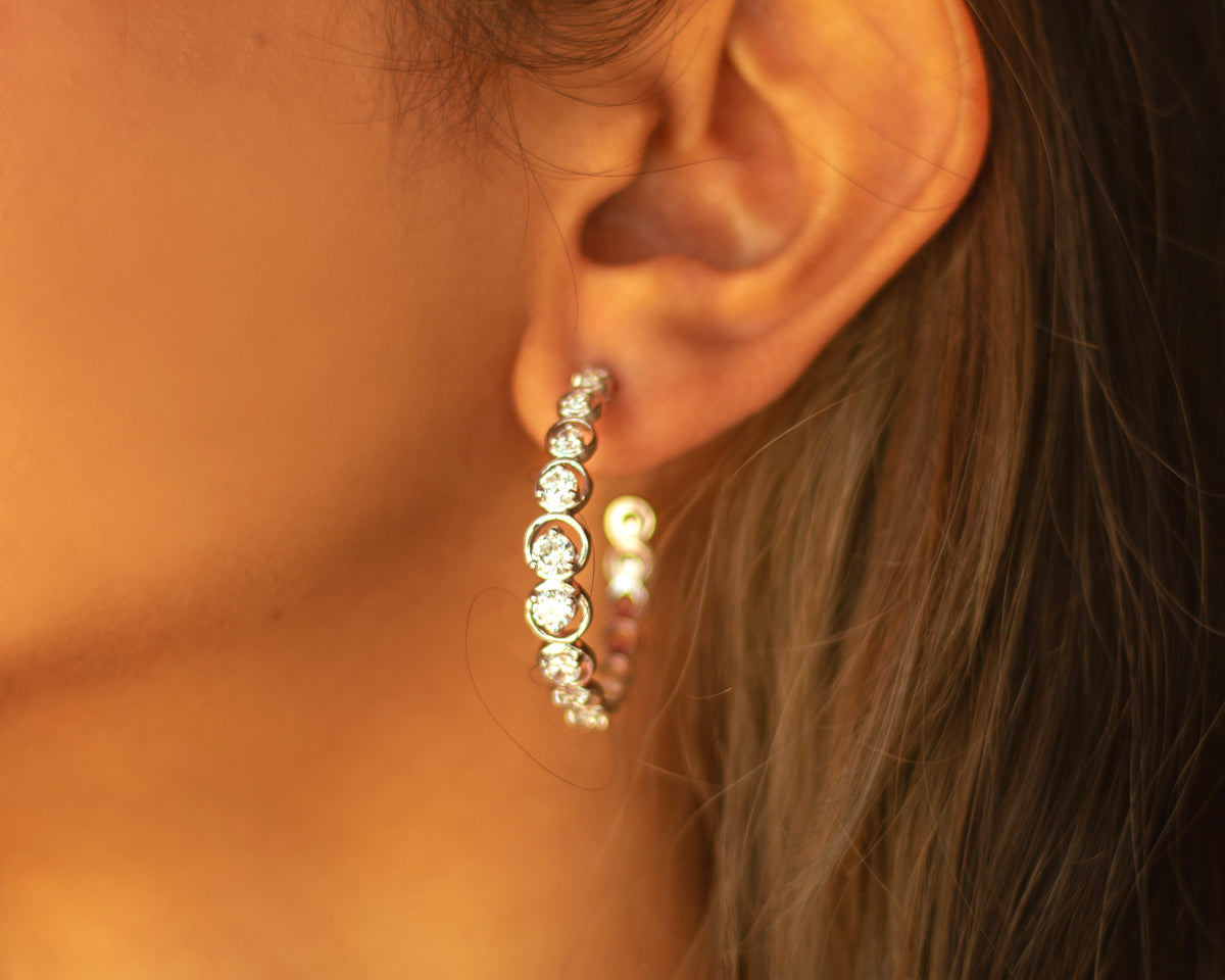 Sparkling Crystal Silver Hoop Earrings - EVM_E0019