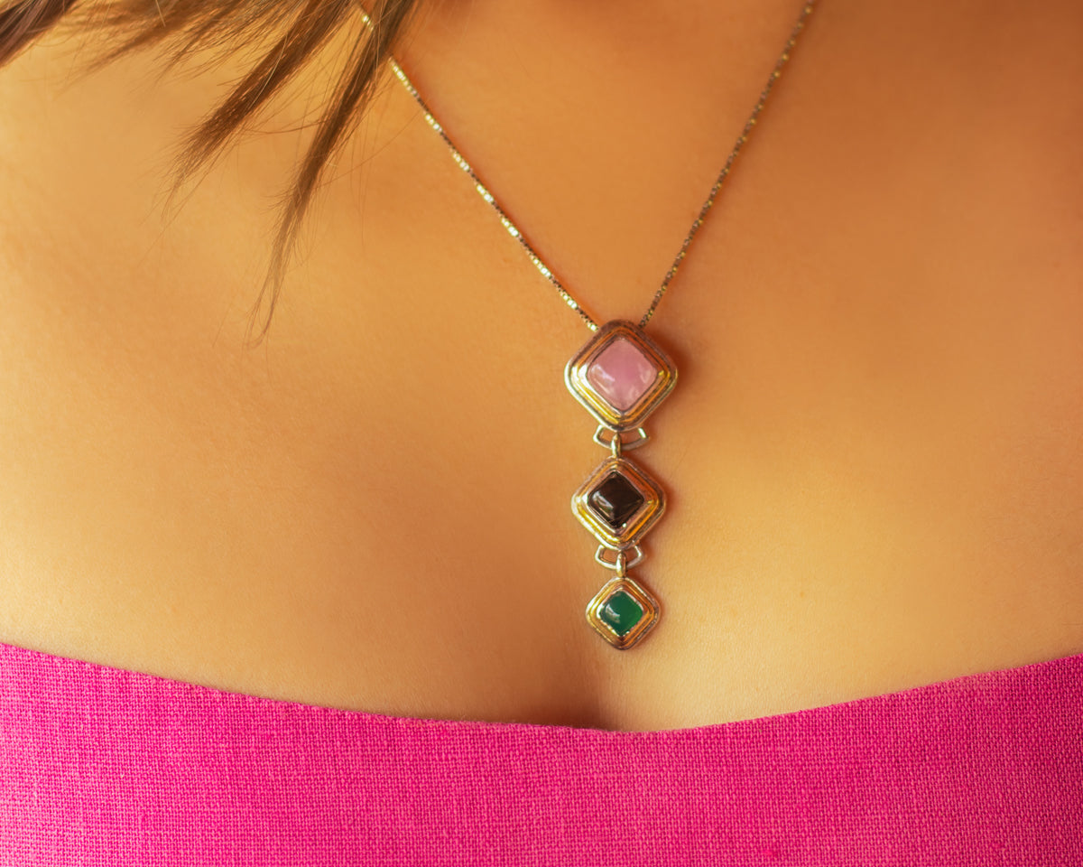 Triple Gemstone  Pendant Necklace  - EVM_P0011