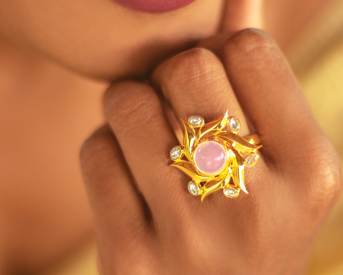 Golden Flower Rose Quartz Ring - EVM_R0015